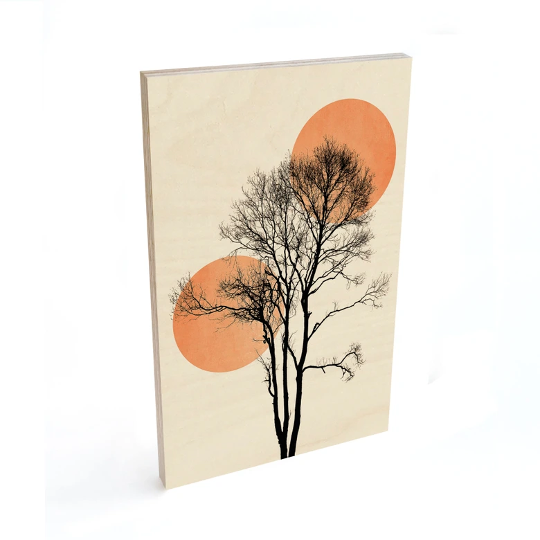 Tableau sur bois Soleil et lune en orange - Kubistika 