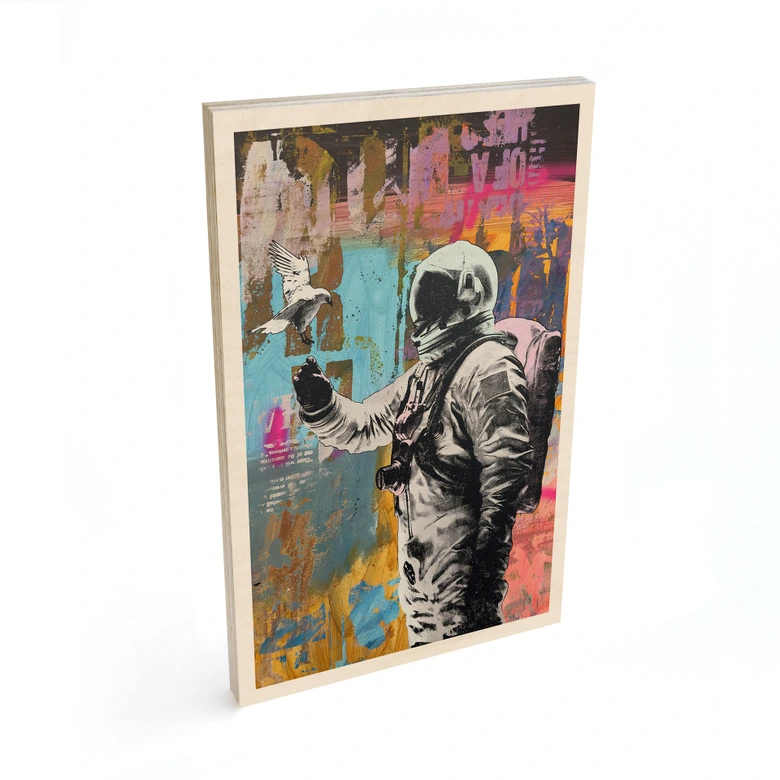 Tableau en bois Astronaute avec colombe - Kuryliuk 