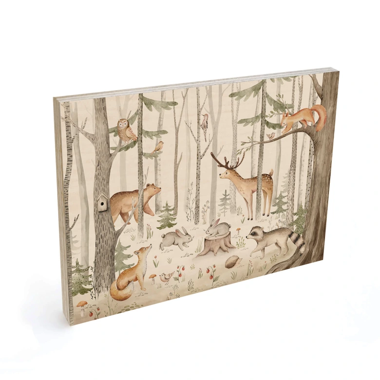 Holzbild Abenteuer mit Waldtieren | Waldmotiv fürs Kinderzimmer - Kvilis 