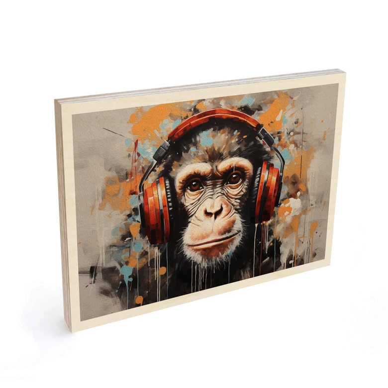 Tableau sur bois Singe DJ avec écouteurs - Magnusson 