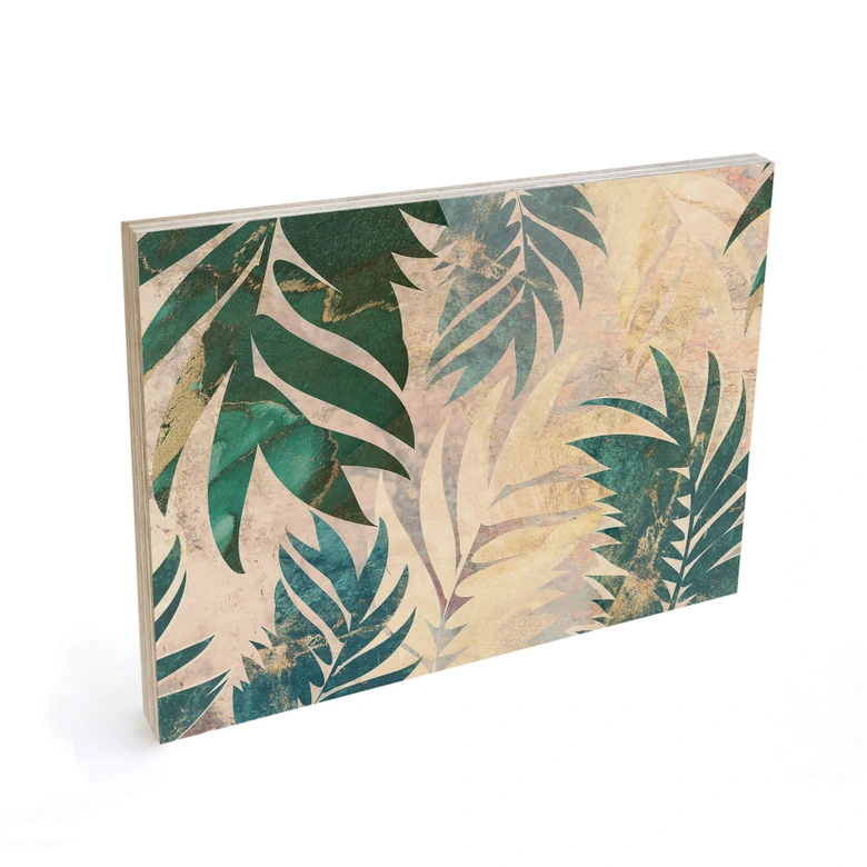 Holzbild Exotische Palmenblätter in Gold-grün - Manovski 