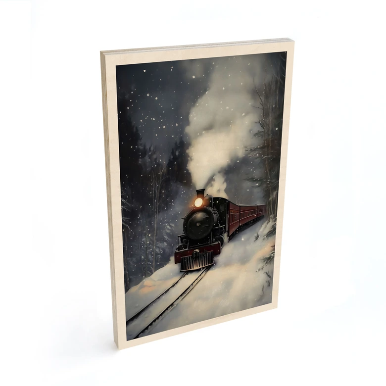 Holzbild Dampflok im verschneiten Wald - Melloi Art Prints 