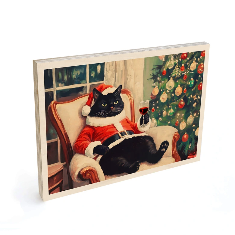 Holzbild Weihnachtskatze mit Wein - Melloi Art Prints 