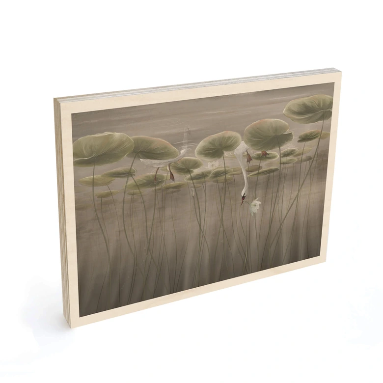 Houten Wanddecoratie lotusbloemen met zwaan in het water in grijs - Ms Tiff 