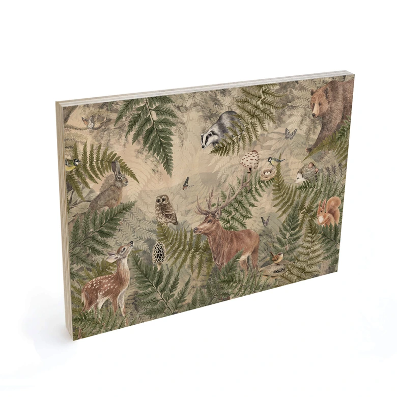 Holzbild Waldtiere zwischen Farn und Blättern - Ms Tiff 