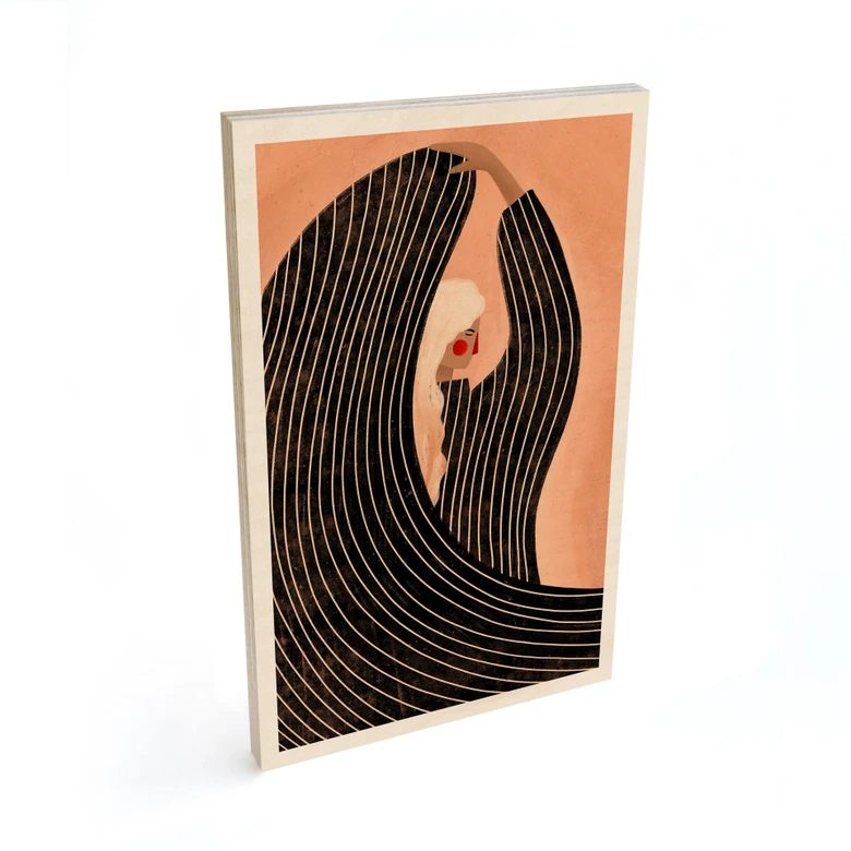 Holzbild Frau mit schwarzem Streifenkleid - Müller 