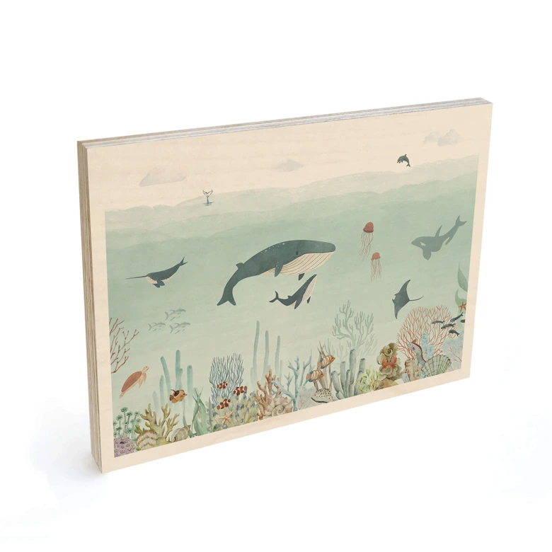 Cuadro de madera aventura submarina con animales marinos - Azul - Oliver Robins 