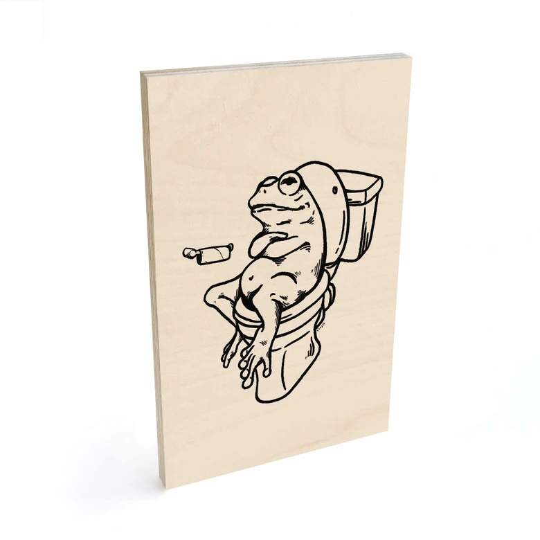 Holzbild Warten auf der Toilette - Humorvolle Frosch-Illustration - Royle 