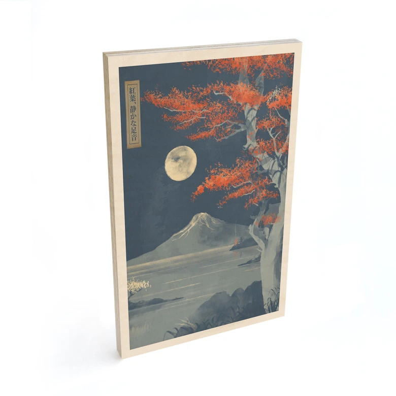 Houten Wanddecoratie volle maan boven de top van Fuji-san - Roze 