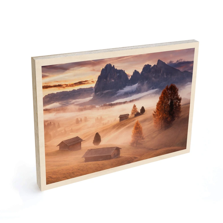 Holzbild Herbstnebel in den Alpen - Selagea 