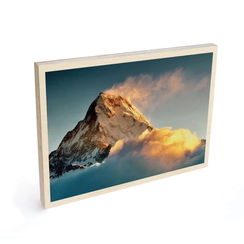 Träposter soluppgång över det snötäckta berget - Annapurna Himal 