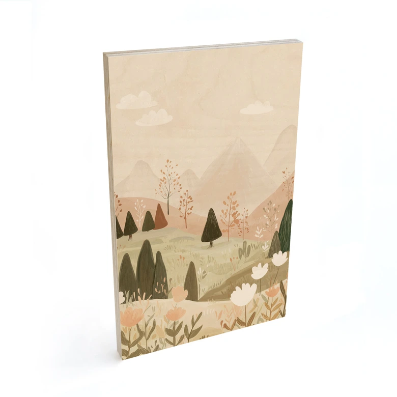Tableau sur bois Pastel Paysage de montagne avec fleurs - Treechild 