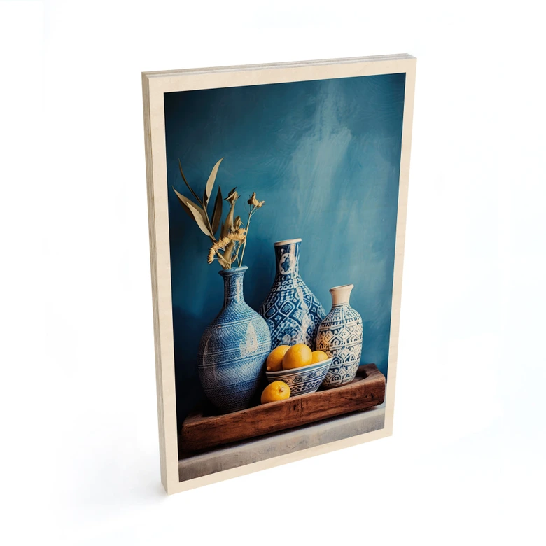 Holzbild Stillleben mit Vasen und Zitronen - Treechild 
