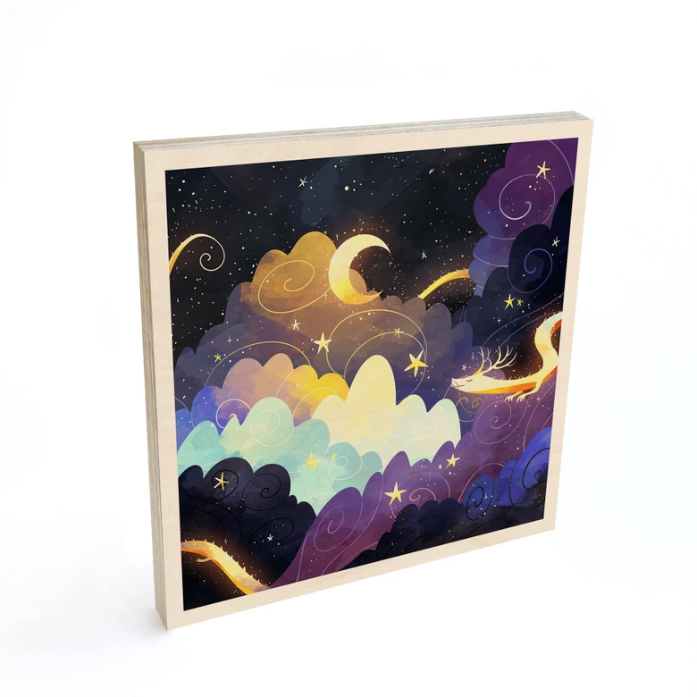 Houten Wanddecoratie van een vlieger vliegend door sterrenwolken - DigitalArtsi 