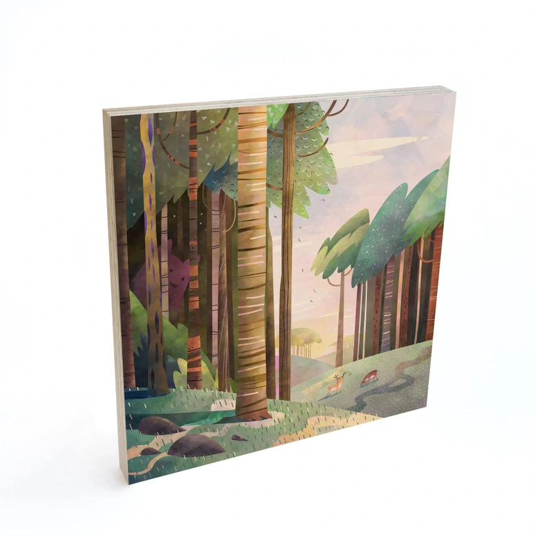 Holzbild Sonniger Wald mit Hirsch - DigitalArtsi 