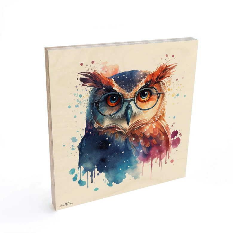 Holzbild Heine - Intelligente Eule mit Brille - Astro Cruise - Quadratisch 