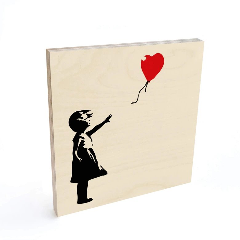Holzbild Banksy - Girl with the red balloon - Quadratisch 