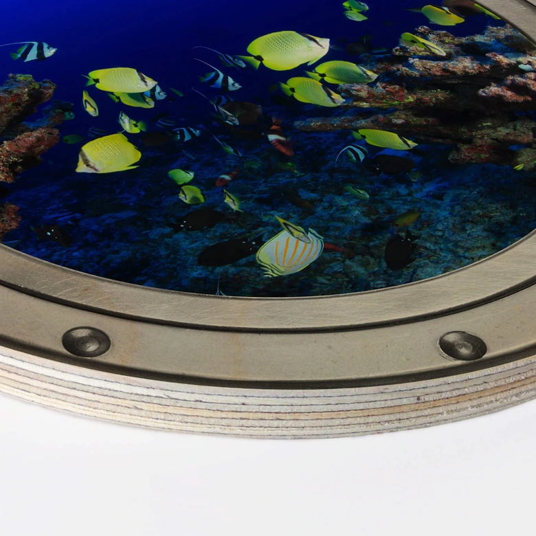 Holzbild 3D-Optik Bullauge - Bunte Unterwasserwelt - neongelbe Fische - Rund 