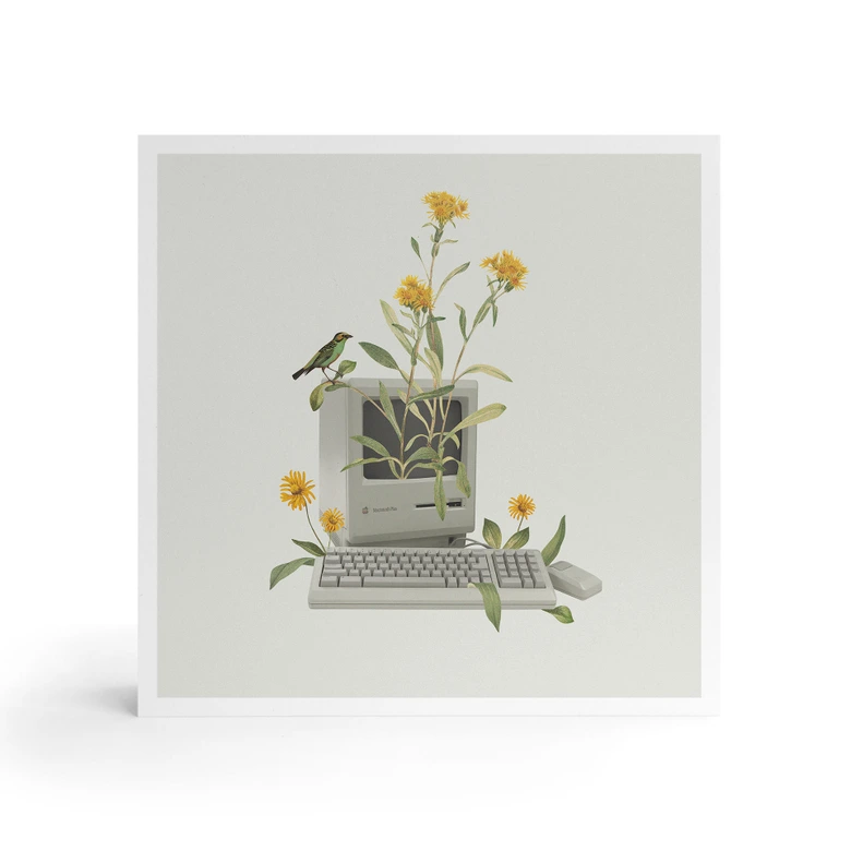 Tableau sur bois à poser - Ordinateur botanique vintage - Frida Floral Studio - 15x15 cm 