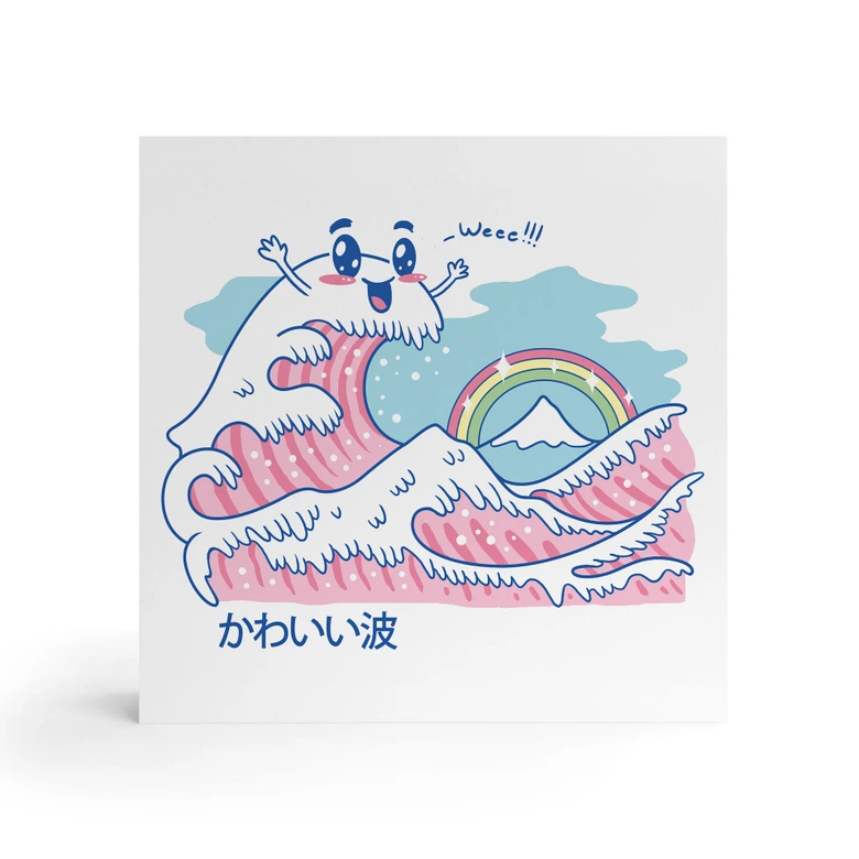 Holzbild zum Hinstellen - Kawaii Welle mit Regenbogen und Berg Fuji - Trinidad - 15x15 cm 