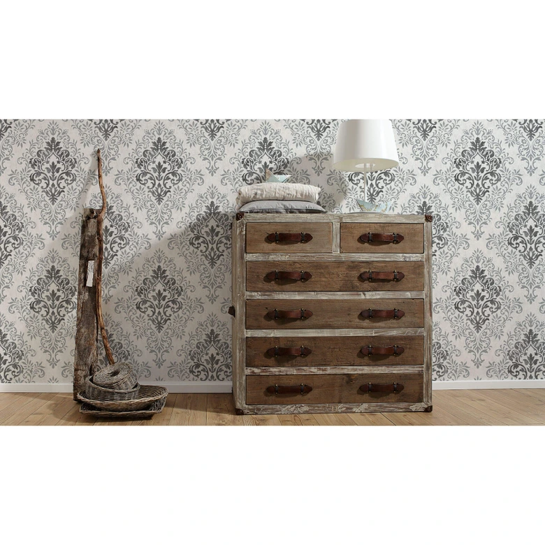 Carta da parati barocca Jette in tessuto non tessuto grigio e bianco con ornamenti in argento 