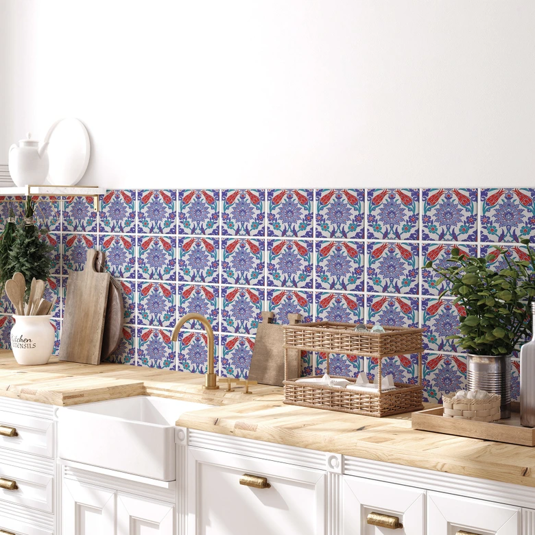 Fliesenaufkleber Orientalischer Blumenkranz - Blau - 12er Set 