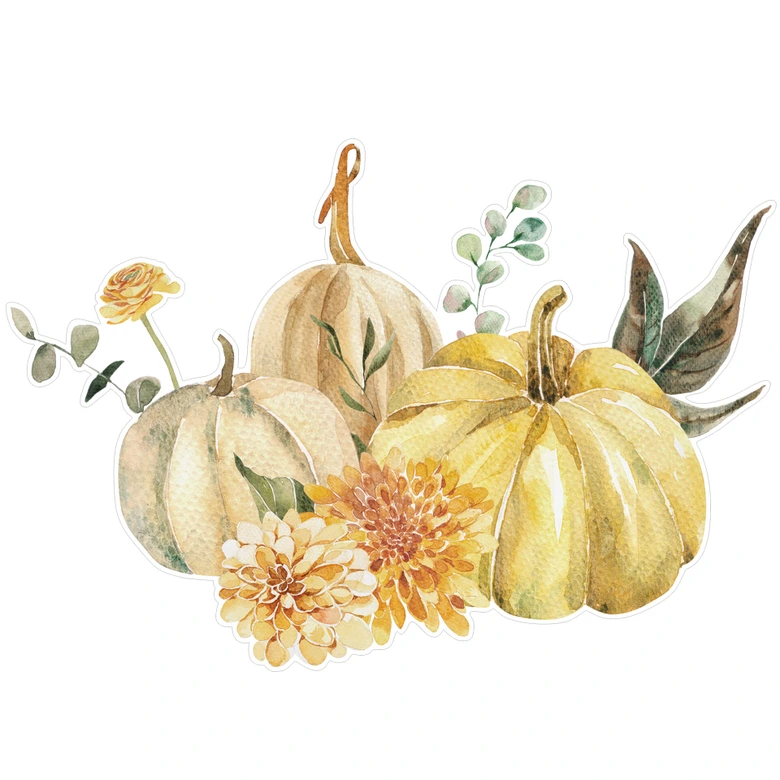 Fensterbild Kürbistrio im Herbstgarten 