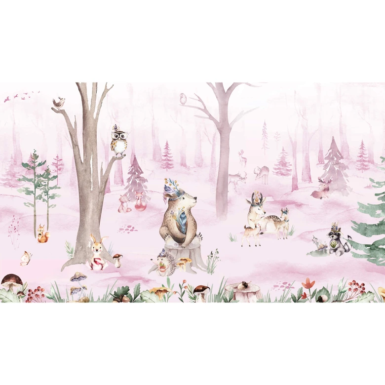 Fotobehang Kvilis - Dierenvrienden in het Bos roze 