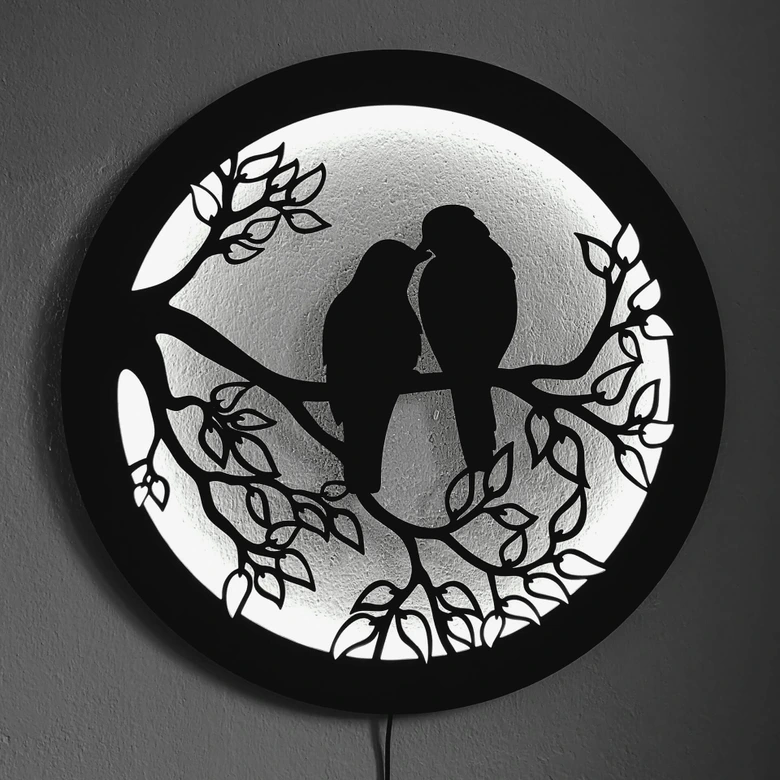 LED-Leuchtdeko aus MDF - Zwei Vögel sitzen auf dem Ast 