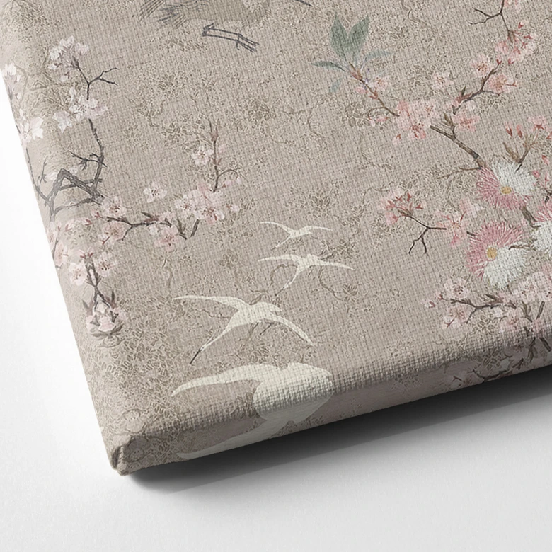Leinwandbild Kraniche im Kirschblüten-Rausch Beige - Bloomery Decor 