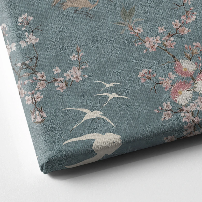 Leinwandbild Kraniche im Kirschblüten-Rausch Blau - Bloomery Decor 