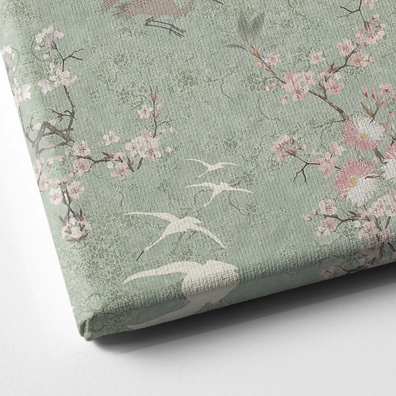 Leinwandbild Kraniche im Kirschblüten-Rausch Grün - Bloomery Decor 