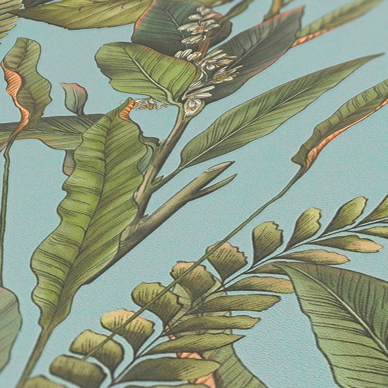 Papel pintado Jungla azul verde - Papel pintado no tejido floral con hojas y flores 