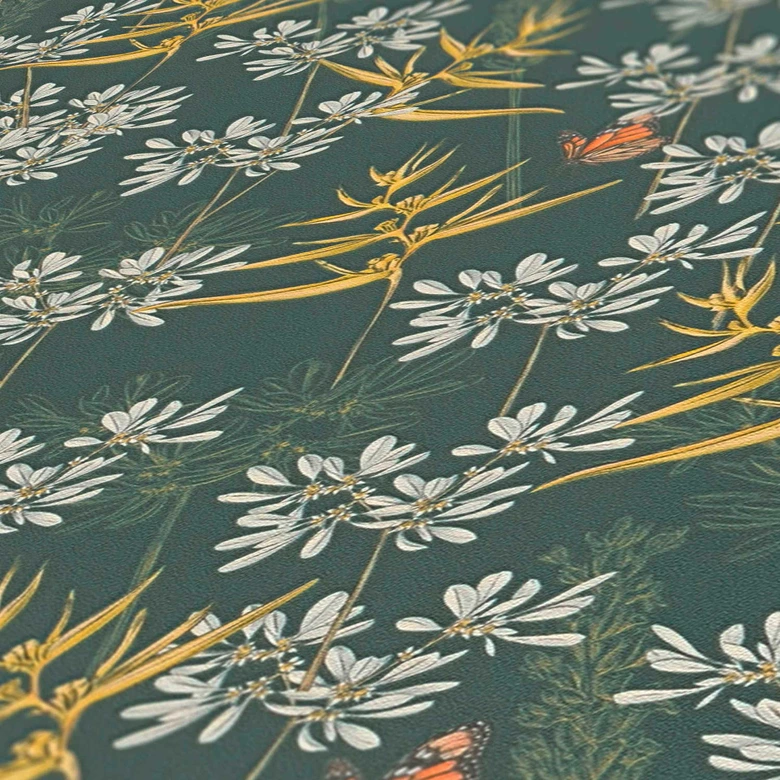 Florale Tapete mit Schmetterlingen Blau Gelb - Vliestapete Blüten und Tiere 
