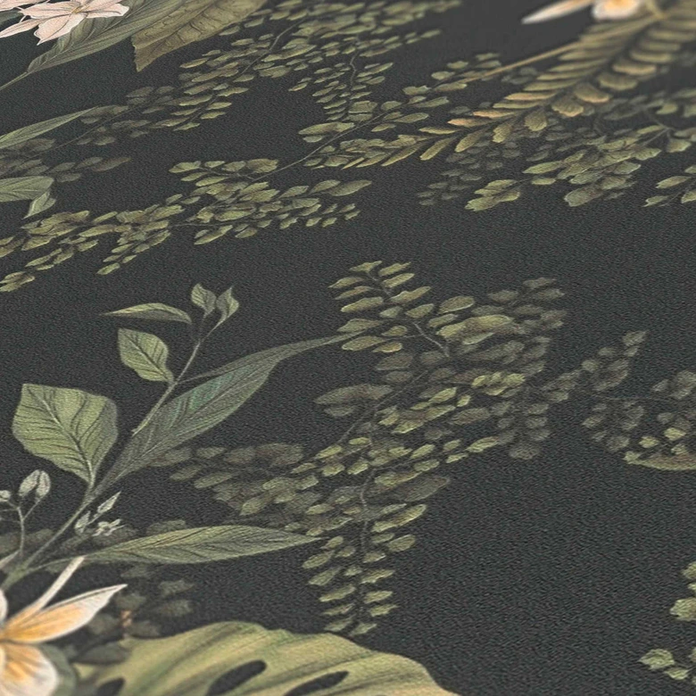 Pflanzen-Tapete mit Blüten Schwarz Grün - Vliestapete mit Blumen floral 