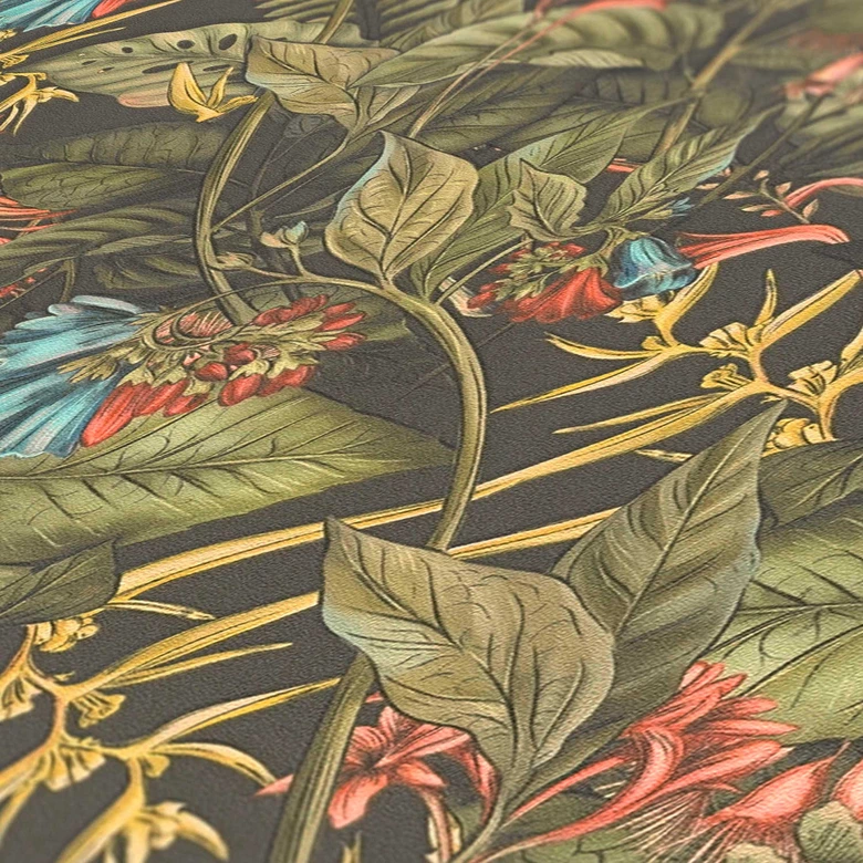 jungle motief behang groen - vliesbehang met rood blauwe bloesems 