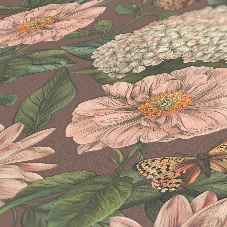 Blumen-Tapete mit Schmetterlingen Rot Grün - Vliestapete mit hellen Blüten 