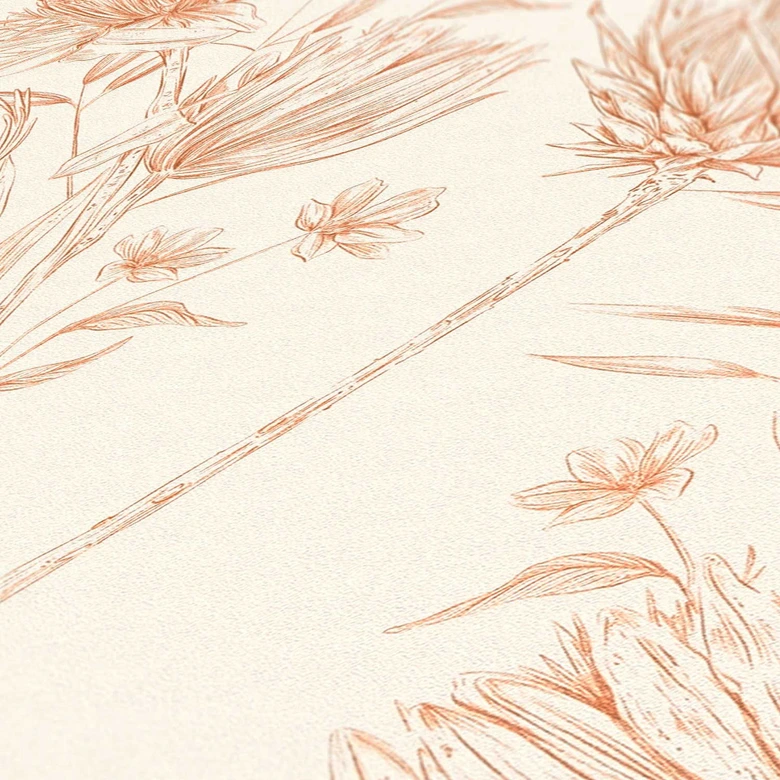 Tapete mit gezeichneten Blüten Weiß Beige - Vliestapete floral mit Blumen 