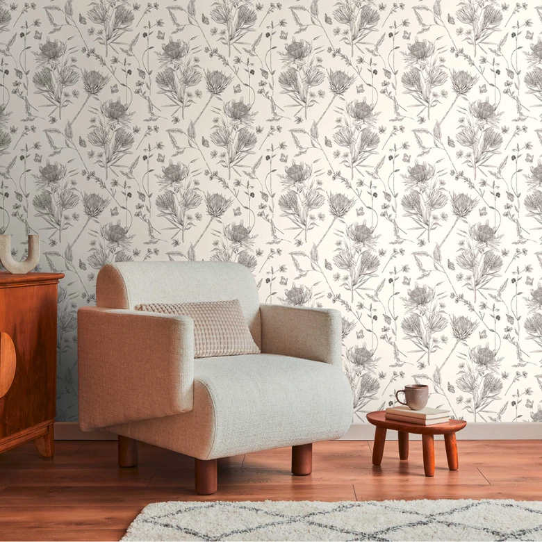 Tapete mit gezeichneten Blüten Weiß Schwarz - Vliestapete floral mit Blumen 