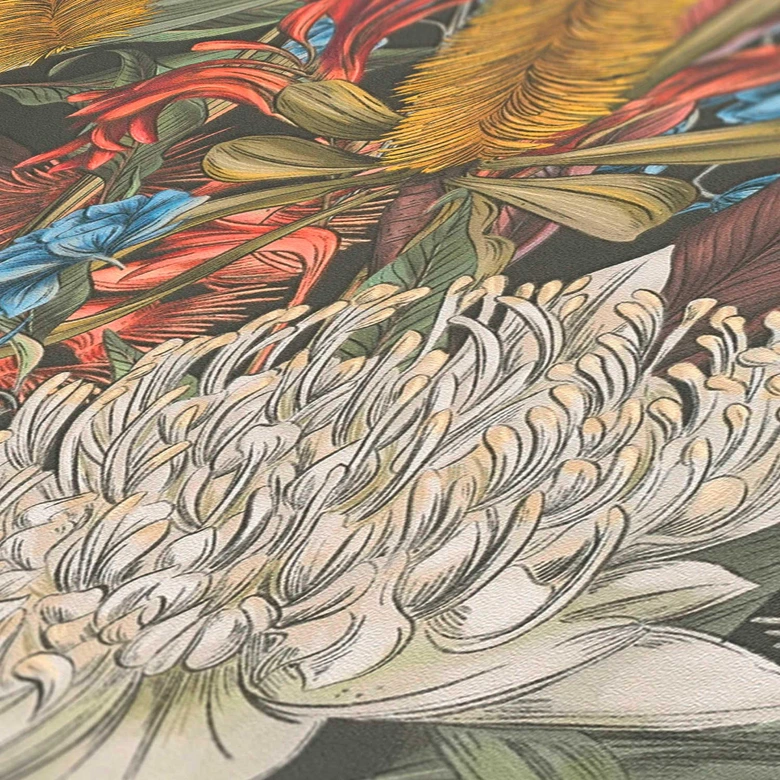 Vliestapete mit Dschungel-Muster Schwarz Grün - Tapete große Blüten bunt  
