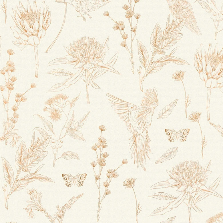 Vliestapete mit Blumen und Vögeln Weiß Braun - Tapete floral im Zeichen-Stil 