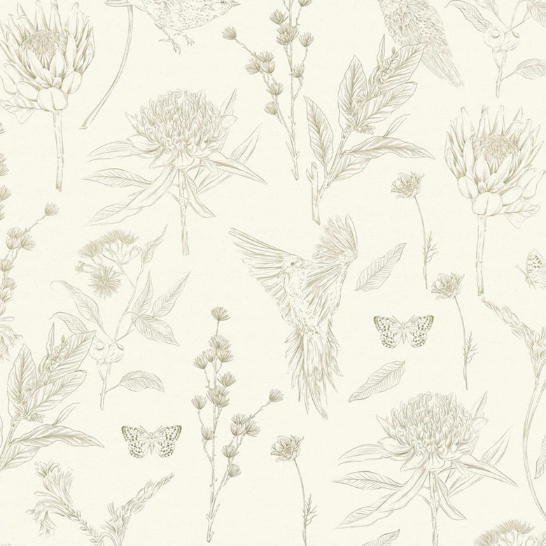 Vliestapete mit Blumen und Vögeln Weiß Grün - Tapete floral im Zeichen-Stil 