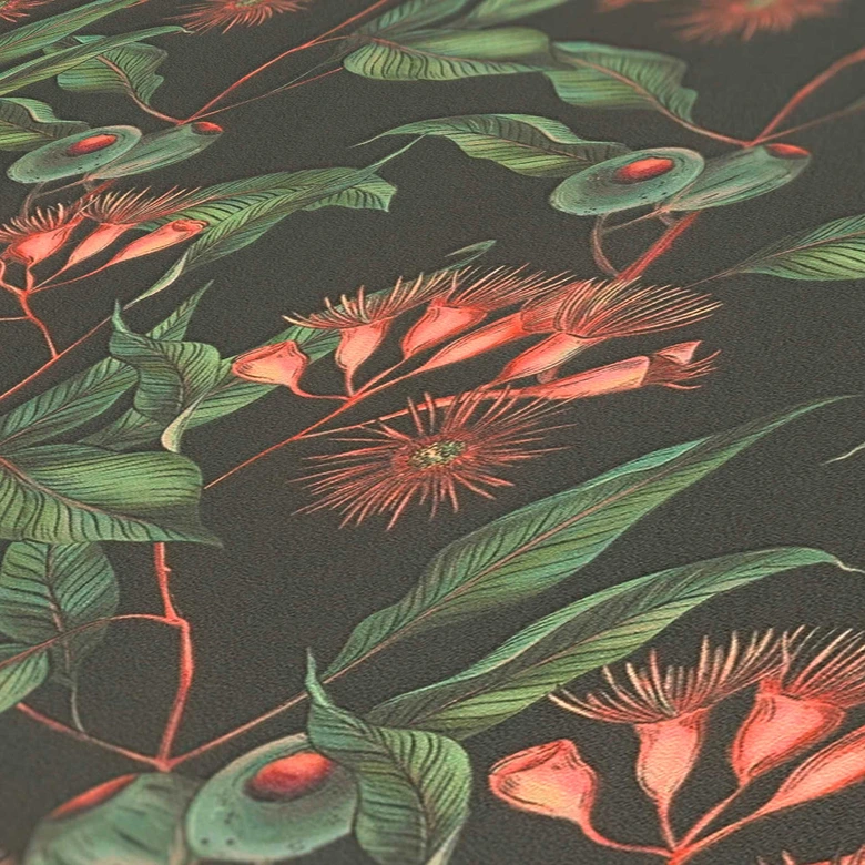 Blumen-Tapete mit Olivenzweigen Grün Schwarz - Florale Vliestapete mit Oliven 