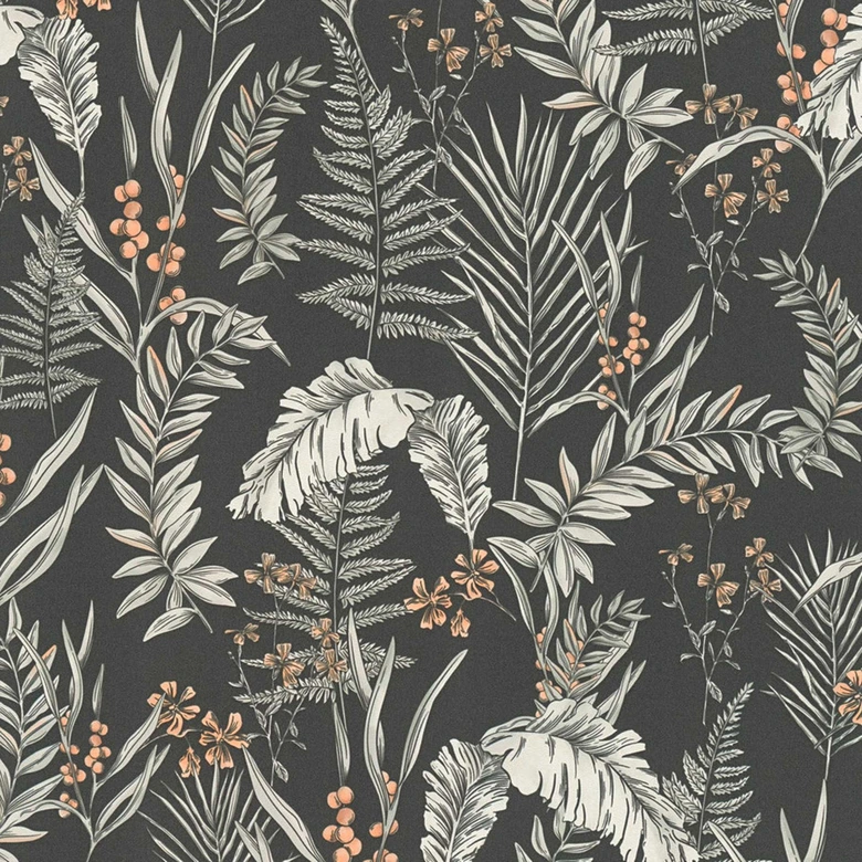 Dschungel-Mustertapete mit Gräsern Schwarz-Weiß - Tapete mit Blüten orange 