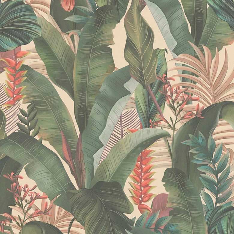 palmblad behang beige groen - bloemen vliesbehang jungle motief 