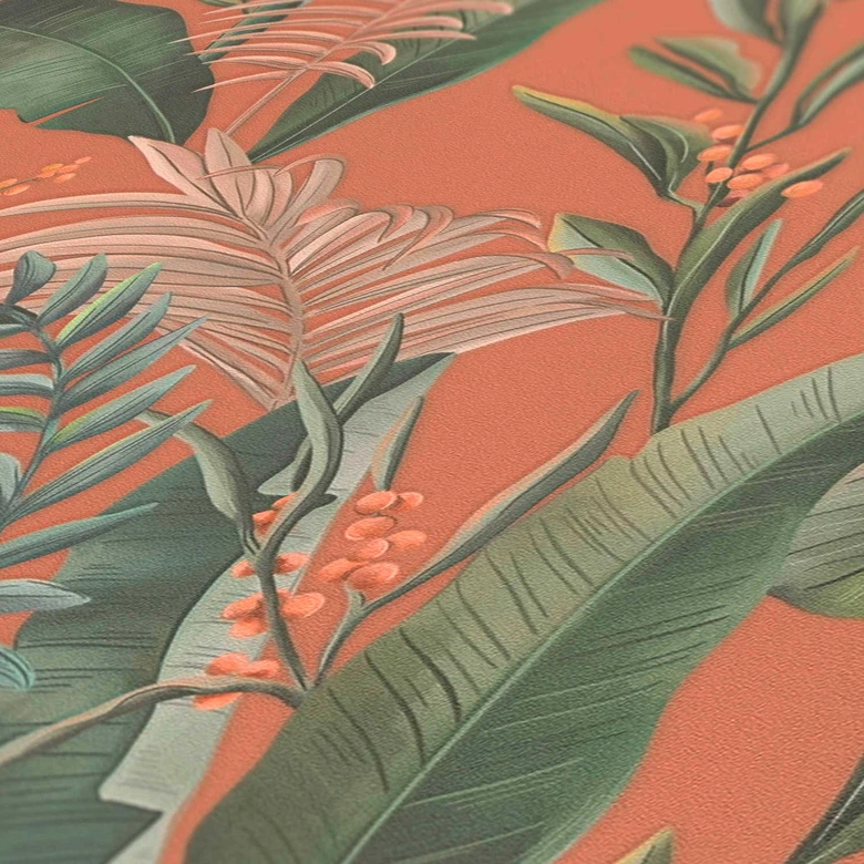 patroonbehang met bladeren en grassen oranje groen - jungle vliesbehang 