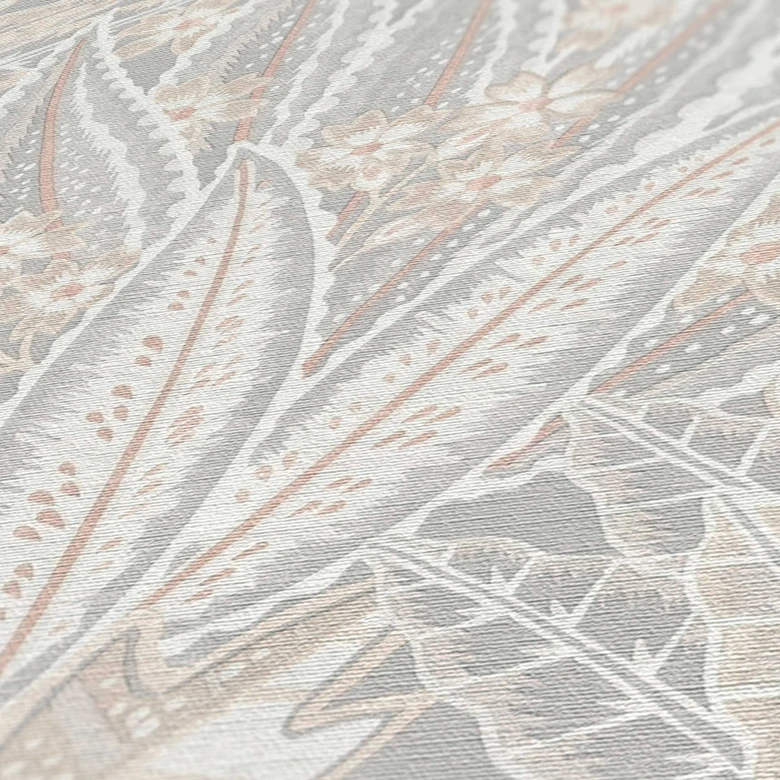 Naturinspirierte Vliestapete in Erdtönen - Botanisches Muster in Creme Beige Grau 