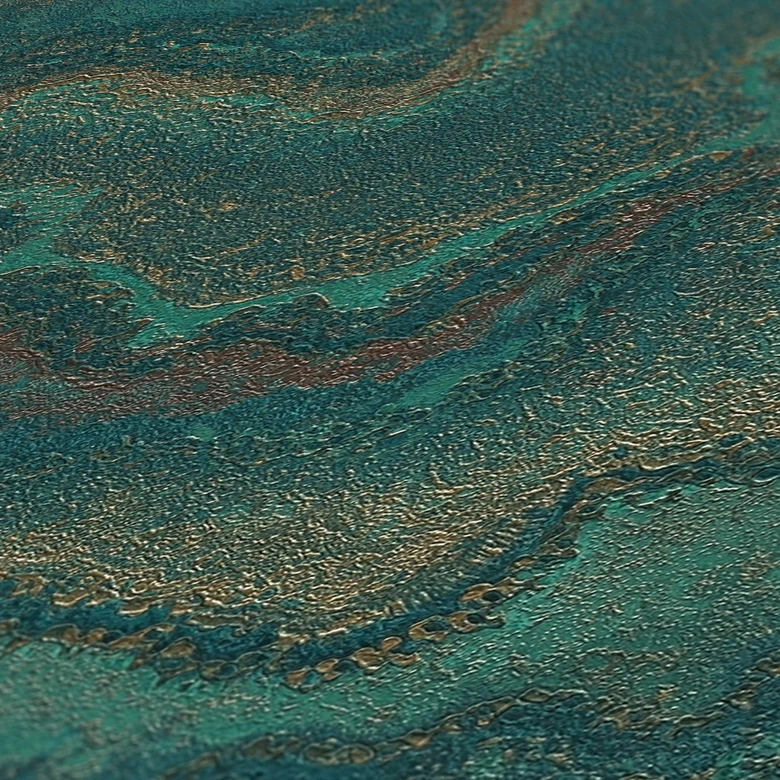 Papier peint élégant en molleton à l'aspect marbré, vert et or - magnifique papier peint brillant 