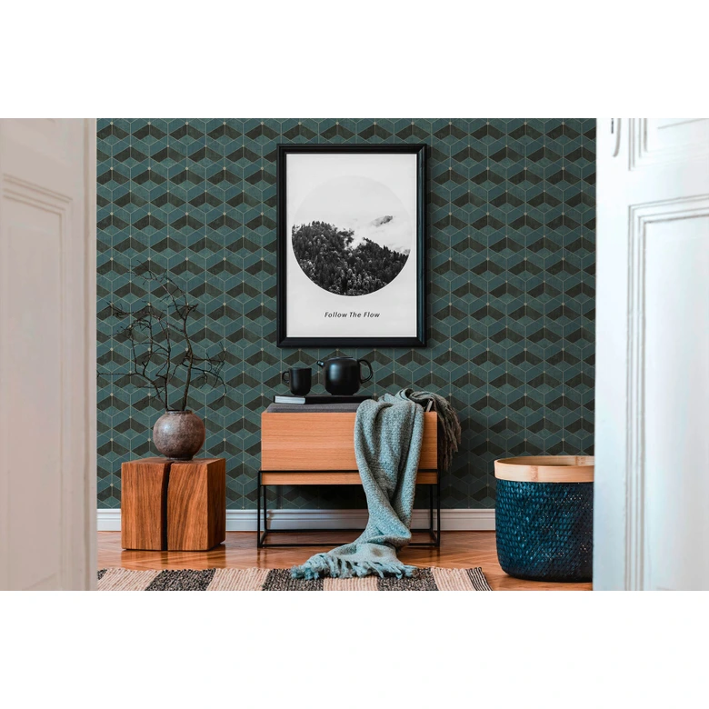 Livingwalls 3D Tapete Titanium 3 Vliestapete geometrisch grün, gold, schwarz 