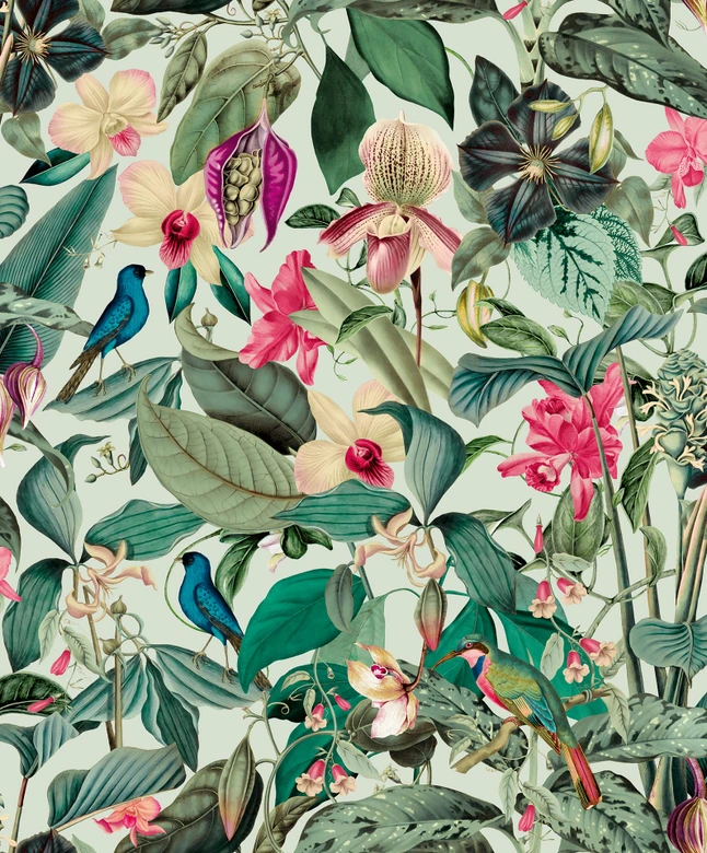 Vliestapete in grün Blätter Blumen Floral Natur  